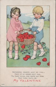 Postcard Vintage Valentine Kids Carrying Basket of Hearts