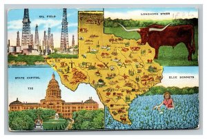 Vintage 1940's Postcard Greetings From Texas - Giant Map Oil Fields Blue Bonnets
