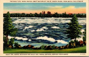 Vtg Sault Ste Marie Rapids St Marys River Michigan MI Ontario 1930s Postcard