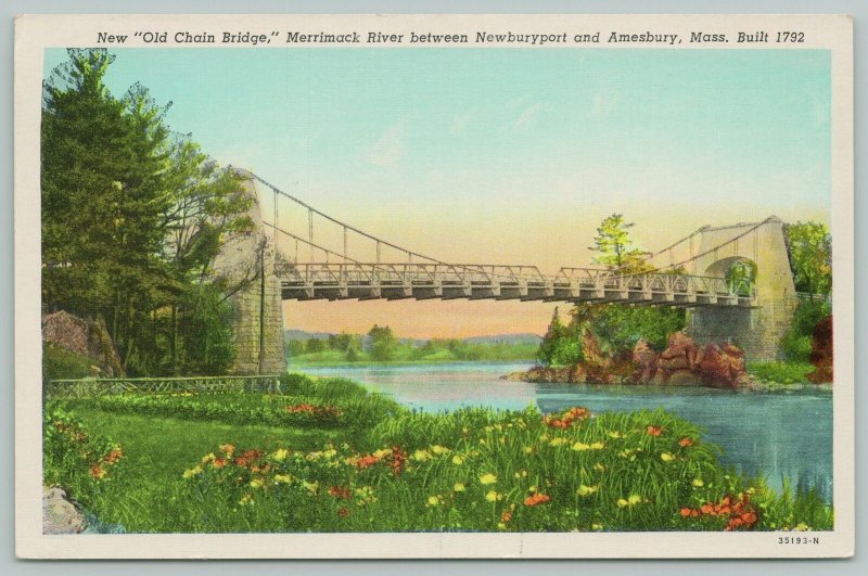 Amesbury Massachusetts~Old Chair Bridge Merrimack River~1940s Linen Postcard