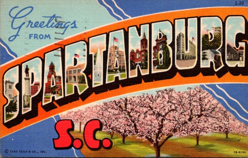 South Carolina Spartanburg Greetings Large Letter Linen 1943 Curteich