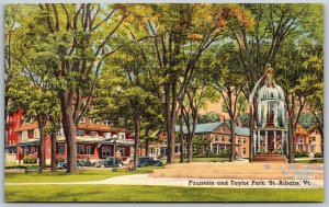 Vtg St Albans Vermont VT Fountain and Taylor Park 1940s Unused View Postcard