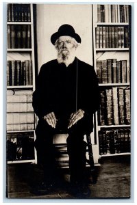 Man Postcard RPPC Photo Old Books Stoic Man Interior c1910's Unposted Antique