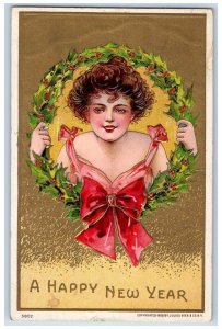 1911 New Year Pretty Woman Holly Berries Ribbon Embossed Foxcroft ME Postcard 