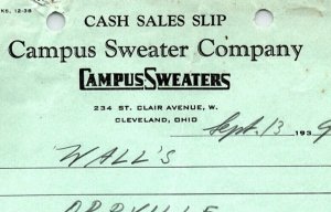 1939 CAMPUS SWEATER COMPANY CLEVELAND OH WALLS ORRVILLE BILLHEAD CASH SLIP Z1075