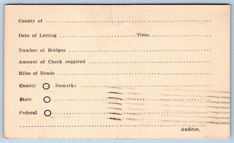 1910s ABERDEEN CONSTRUCTION CO SOUTH DAKOTA*BLANK AUDITOR FORM BRIDGE INSPECTION