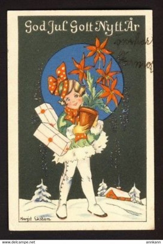 Little girl carries presents, potted poinsettia, night, snow - mini postcard