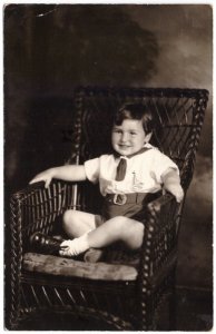 Little Boy Sitting On Chair, Studio Portrait, Vintage Real Photo Postcard RPPC