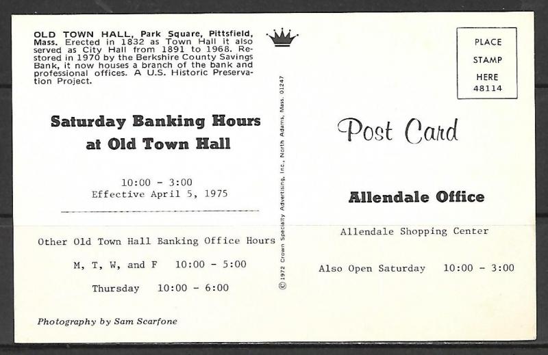 Massachusetts, Pittsfield - Old Town Hall - Banking Hours Ad - [MA-386]