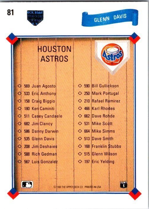 1991 Upper Deck Baseball Card Glenn Davis Houston Astros sk20599