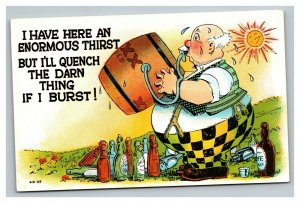 Vintage 1910's Comic Postcard - Fat Man with Baby Nipple in Whiskey Barrel Funny