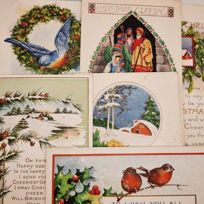 Lot of 6 Whitney Made Christmas Postcards - birds, holly, nativity