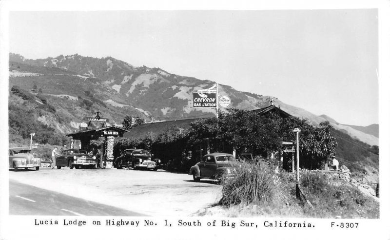 RPPC Lucia Lodge, Big Sur, California Roadside Chevron Gas Pumps 1940s Frashers