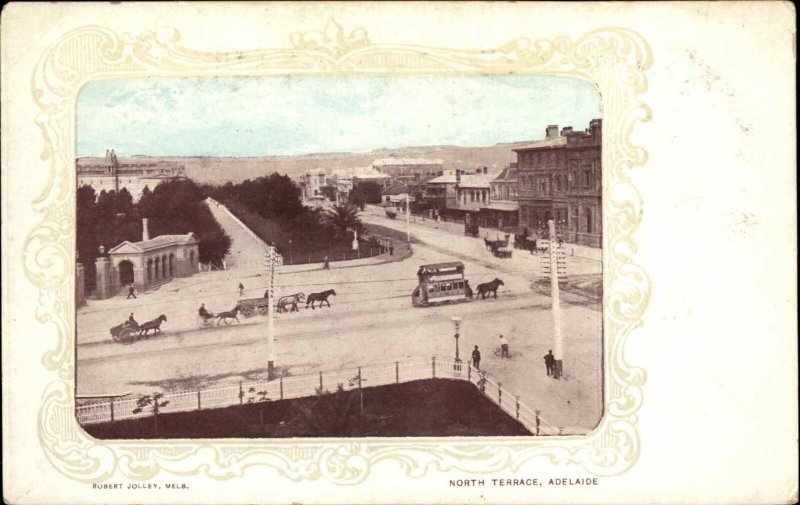 Adelaide Australia North Terrace Fancy Border c1905 Postcard - Horse Trolley