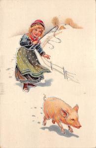 B95037 girl with pig new year austria greetings