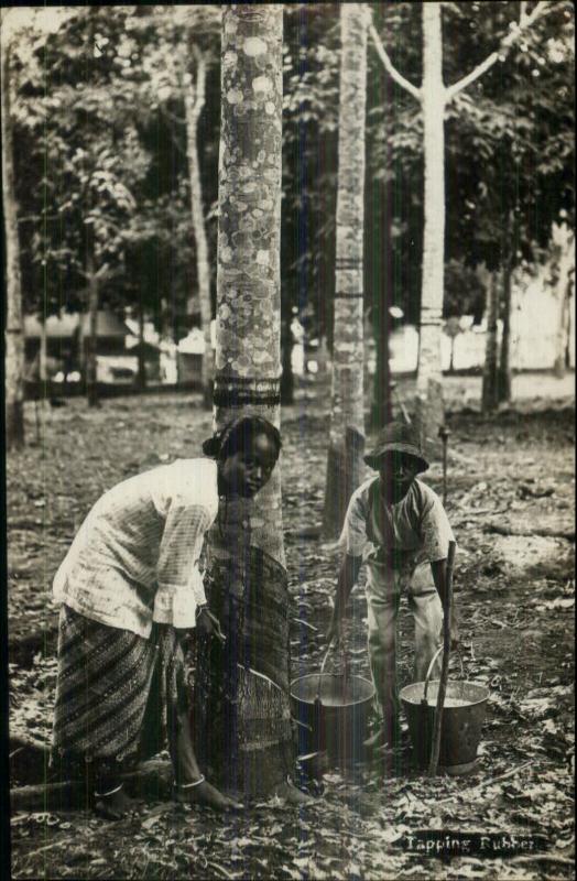 Ethnic Labor Woman & Child Tapping Rubber Trees Malaysia or Singapore RPPC