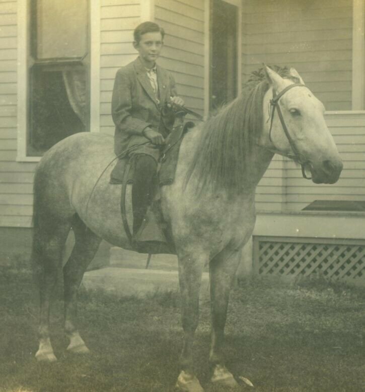 100420 VINTAGE RPPC REAL PHOTO POSTCARD BOY ASTRIDE A PONY HORSE ALEDO IL 1911