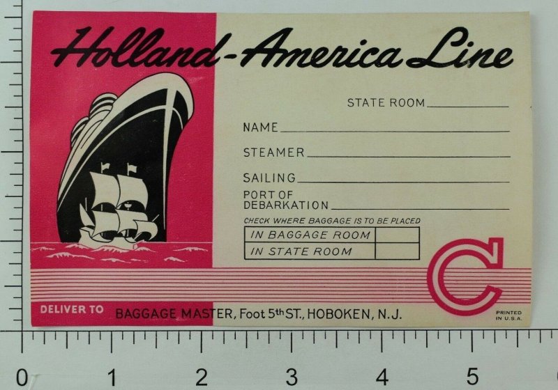 1940's-50's Holland-America Line Luggage Label Original E19