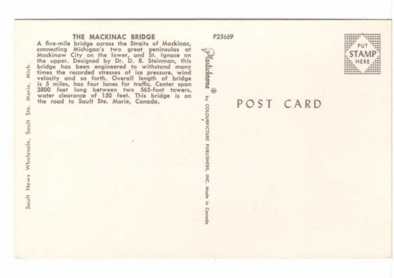 Mackinac Suspension Bridge, Michigan, Vintage Chrome Aerial View Postcard