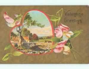 Pre-Linen valentine STONE BRIDGE IN COUNTRY SCENE INSIDE HEART J0770