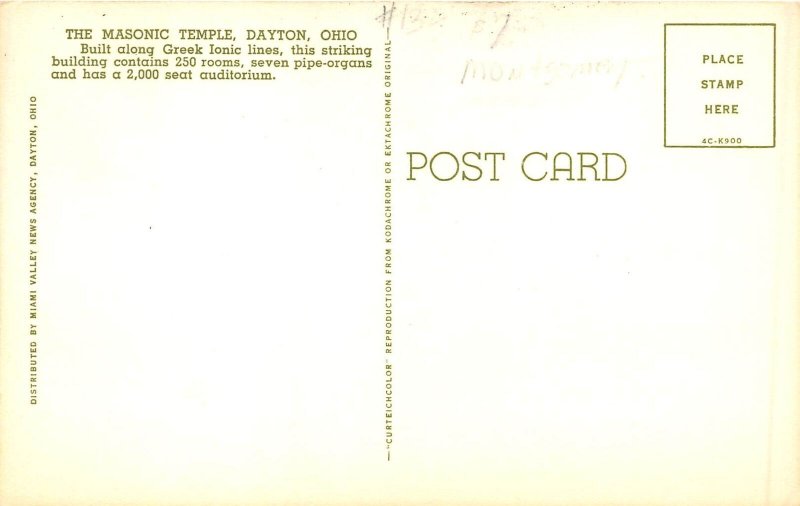 Dayton Ohio 1960 Postcard Masonic Temple