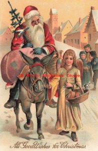 Christmas, PFB No 9593-2, Red Robe Santa on Horse Led by Angel Through Village