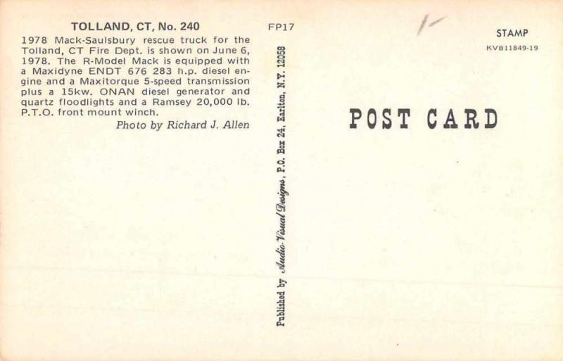Tolland Connectict 1978 Mac Saulsbury Rescue Truck Vintage Postcard K72863
