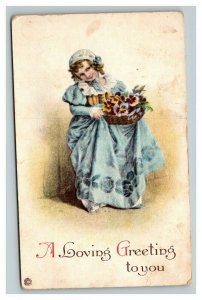 Vintage 1925 Greetings Postcard Cute Girl with Blue Dress Basket of Flowers