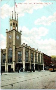 MANCHESTER, NH New Hampshire   CITY HALL Street Scene TROLLEY 1908     Postcard