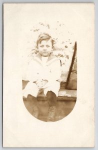 RPPC Cute Little Boy Seated for Portrait Masked Photo c1910 Postcard H30