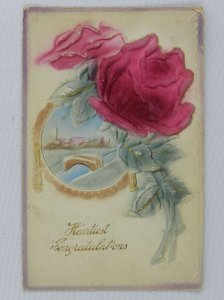 Pink Flower with Long Vine and River with Bridge Background - Vintage Postcard