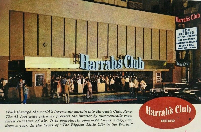 Reno NV Harrah's Club Casino Postcard Entrance People Cars Street