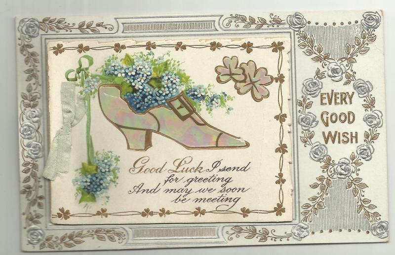 BOOKLET GREETING  - MOTHER OF PEARL SHOE - RIBBON - SILVER EMBELLISHED - C-1910