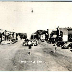 1950s Canistota, SD RPPC Downtown Main St Baseball Tonight Banner Photo A22