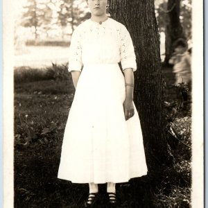 c1910s Cute Young Lady Outdoors RPPC Sharp Real Photo Postcard Trees Nature A212