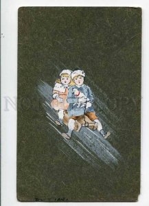 3029023 Children on sledge & TERRIER Vintage color Vienne PC