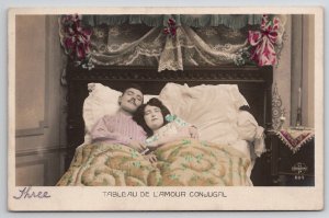 RPPC Edwardian Couple in Bed The Marital Love Chart Tinted Photo Postcard J25