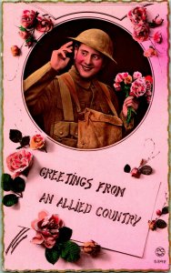 Vtg Postcard RPPC WWI Greetings From an Allied Country Hand Tinted PC Paris UNP