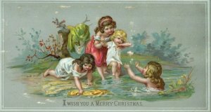 Victorian Christmas Card Girls Playing Lake Toddler Clothes Washing Holiday P49