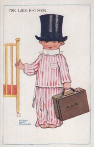 Just Like Father Top Hat Old Suitcase Pyjamas Old Comic Postcard