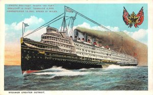 Steamer Ship  GREATER DETROIT  Underway In Great Lake  ca1920's Vintage Postcard