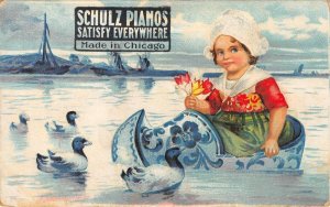 SCHULZ PIANOS Made in Chicago Dutch Girl, Shoe c1910s Ad Vintage Postcard