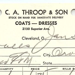 1938 C.A. THROOP & SON COATS-DRESSES CLEVELAND OHIO BILLHEAD STATEMENT Z3456