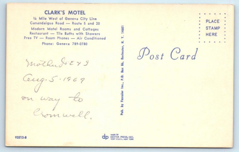 GENEVA, New York NY ~ Roadside CLARK'S MOTEL Aerial View c1960s Postcard