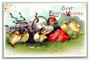 Vintage 1911 Easter Postcard Girl with Giant Eggs Chicks Basket Purple Flowers