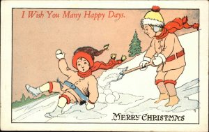 Christmas Children Playing Snow Shovel c1900s-20s Postcard