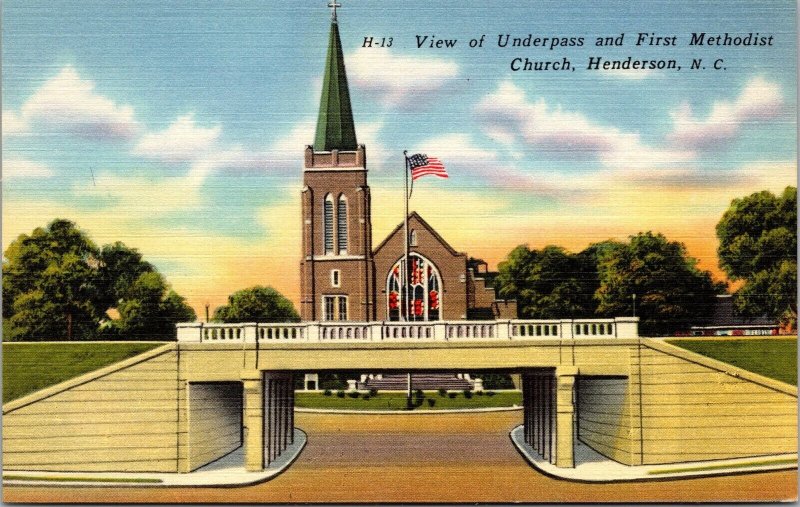 Vtg Henderson North Carolina NV View of Underpass First Methodist 1940s Postcard