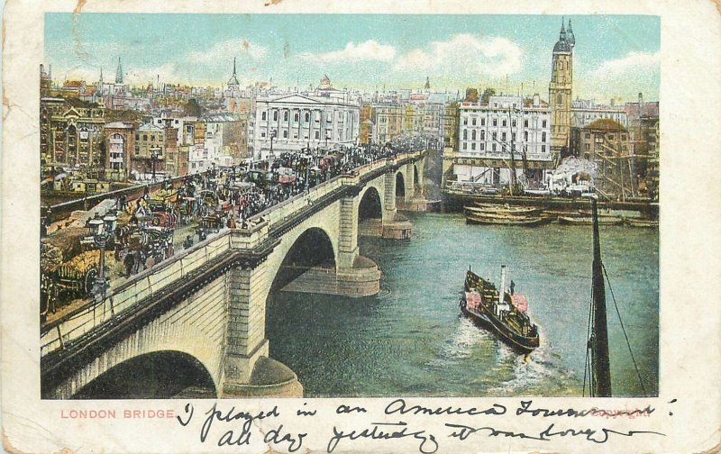 Postcard UK London bridge steamboat carriage ship crowd