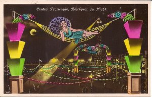 RPPC Blackpool England UK, Illuminations, Central Promenade, Beautiful Woman