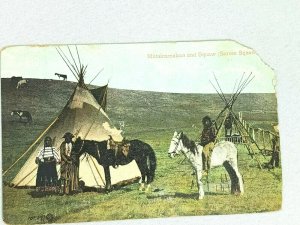 Vintage Postcard Mutsinamakan and Squaw (Sarcee Squaw) Post 1908 Tepee Horses